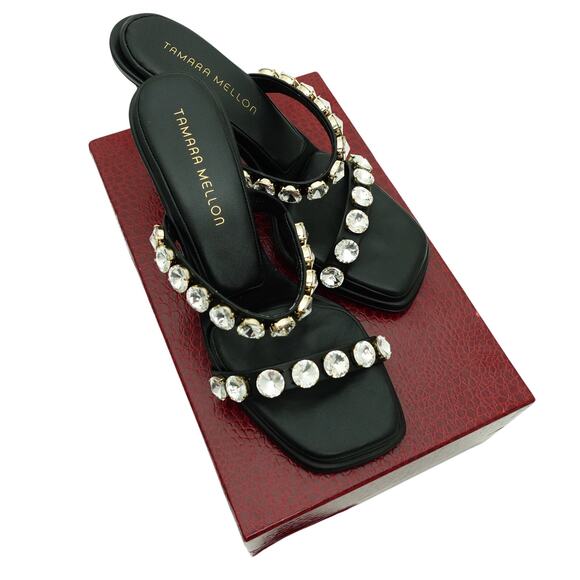 Tamara Mellon Pillow Top Black Crystal Strappy Stiletto Mules - Size 38 - Picture 1 of 9
